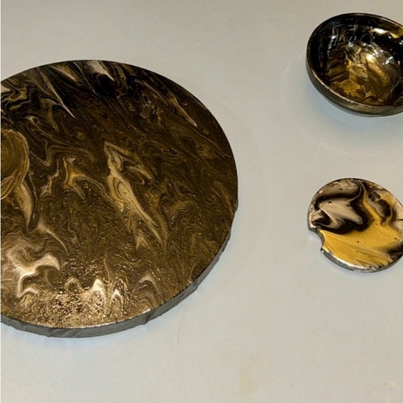 Gorgeous Handmade Gold Black and White Marble Abstract 3 Piece Home Decor Set - Picture 1 of 6